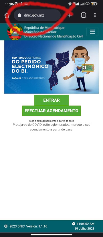 Acesso ao site do DNIC para agendar a emissão de B.I..