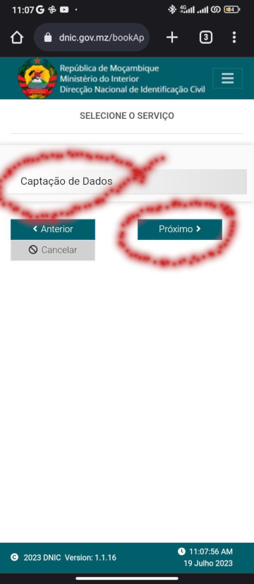 Selecciono o serviço Captação de Dados