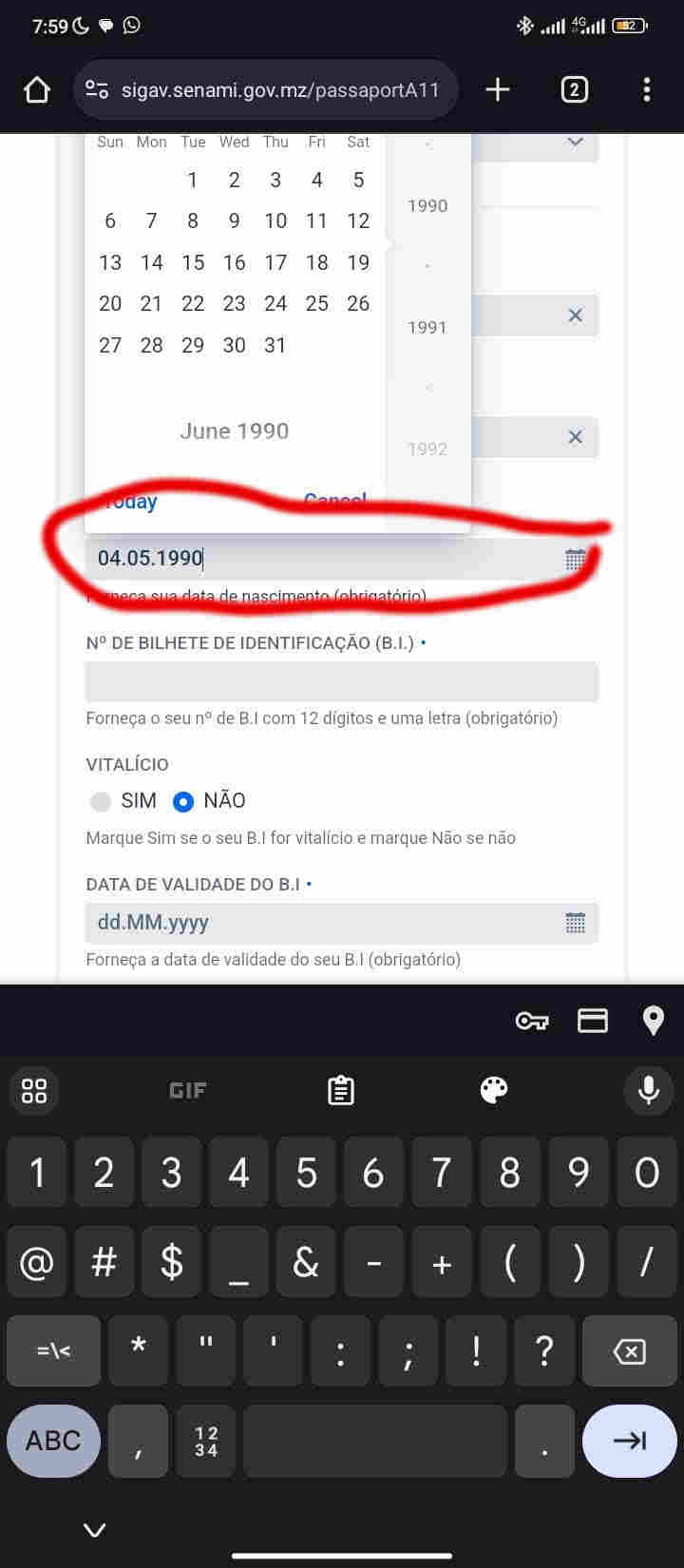 Digitação de data de nascimento para tratar passaporte..