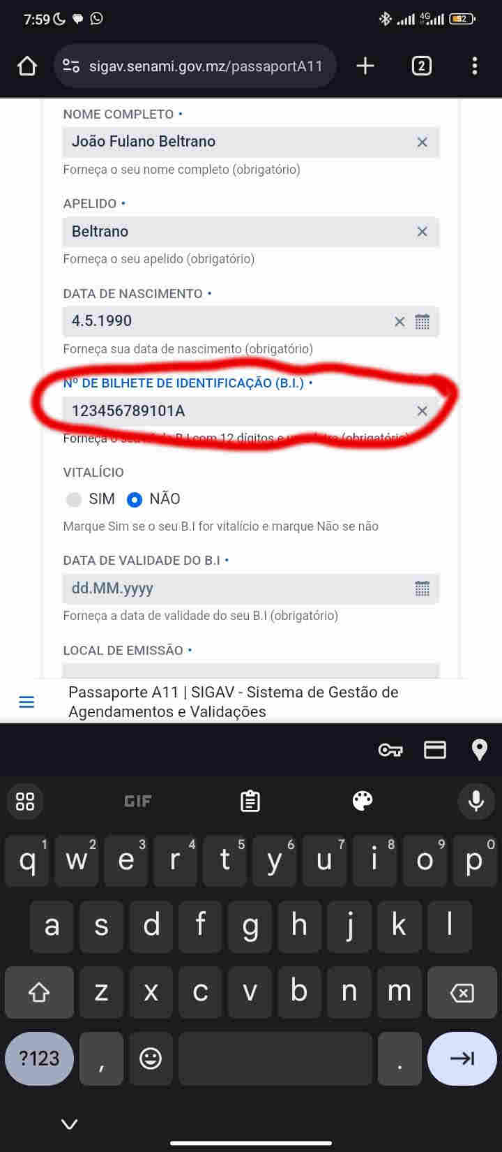 Introdução de ano de nascimento para novo passaporte..