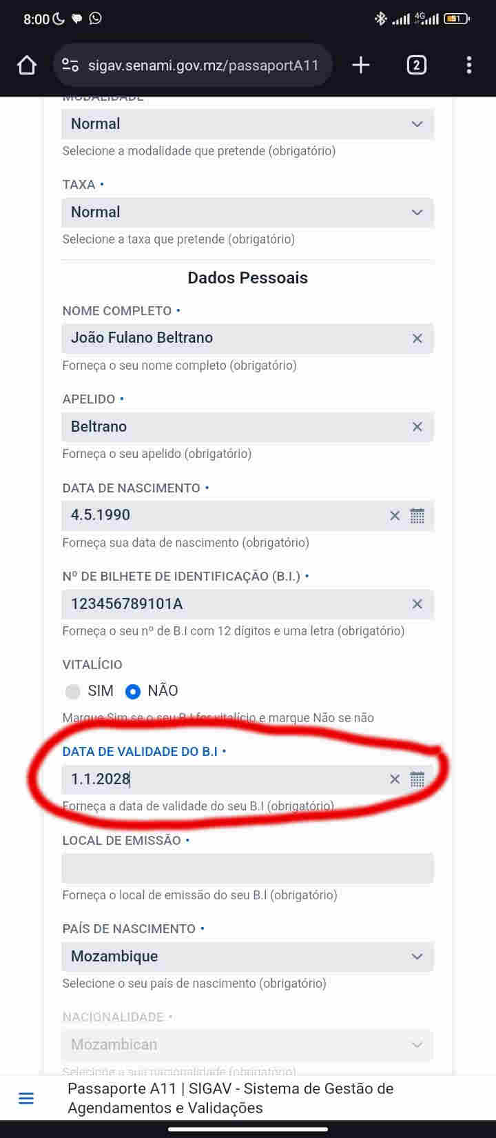 Prazo de validade do Bilhete de Identidade..