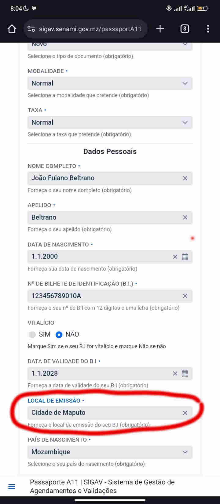 Indico o local de emissão do meu Bilhete de Identidade