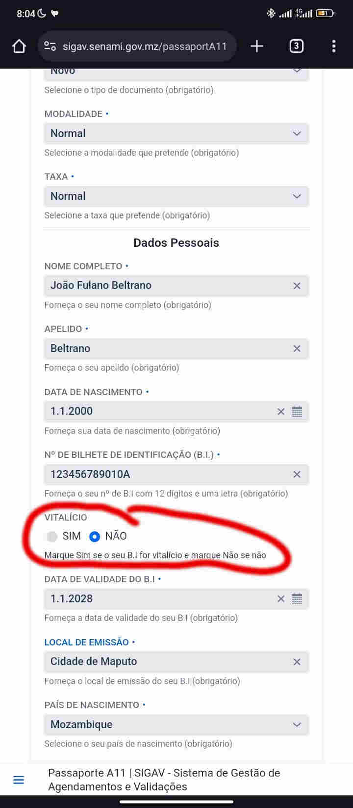 Acesso ao site do DNIC para agendar a emissão de B.I..
