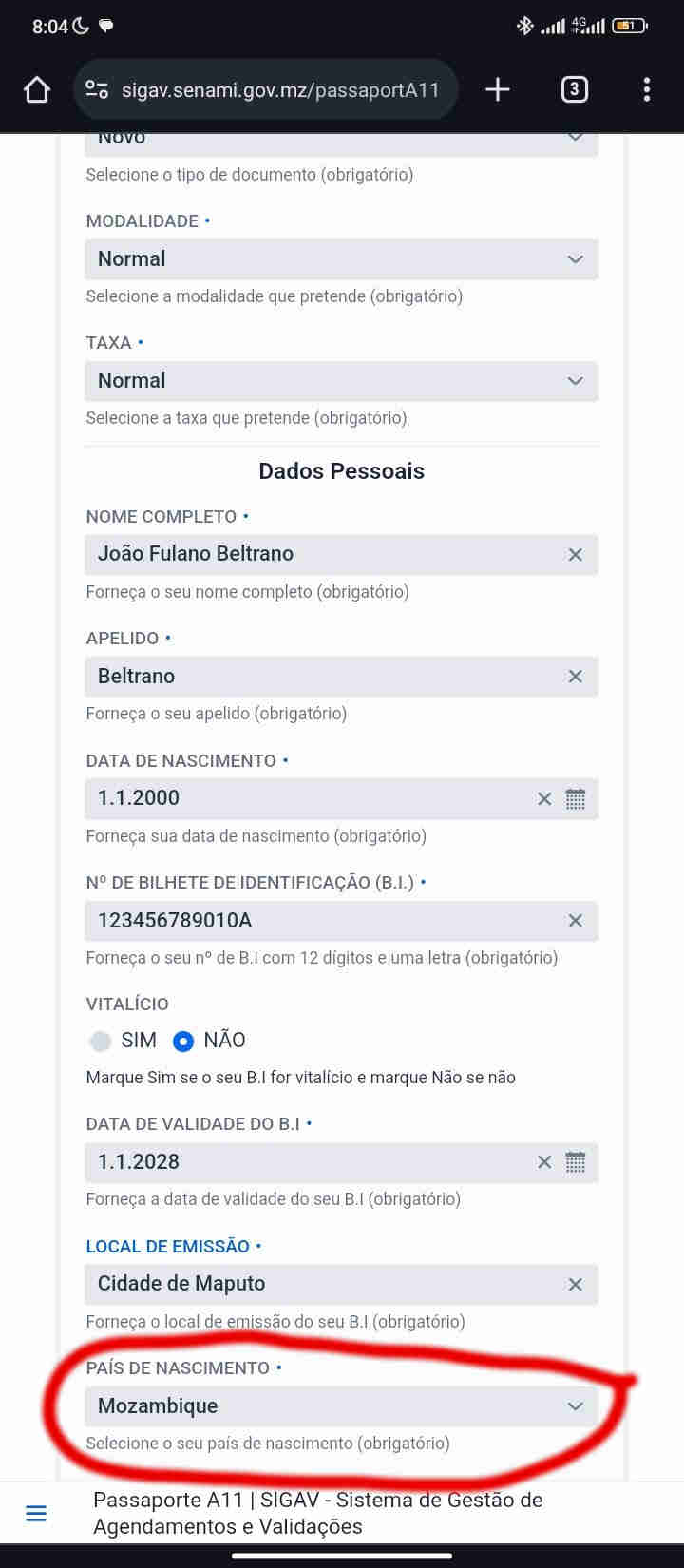 Selecciono o meu país do nascimento..