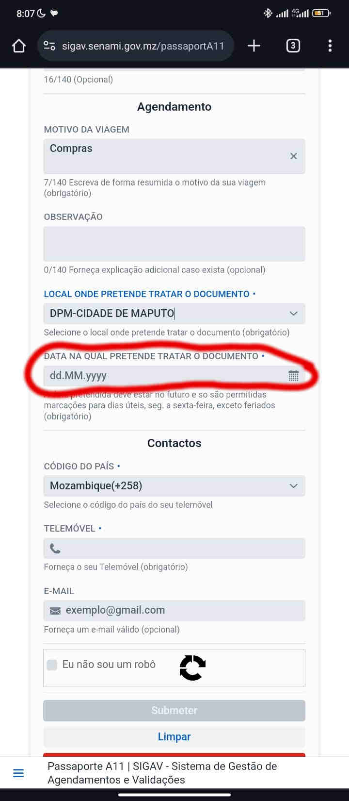 Data que quero tratar o passaporte.