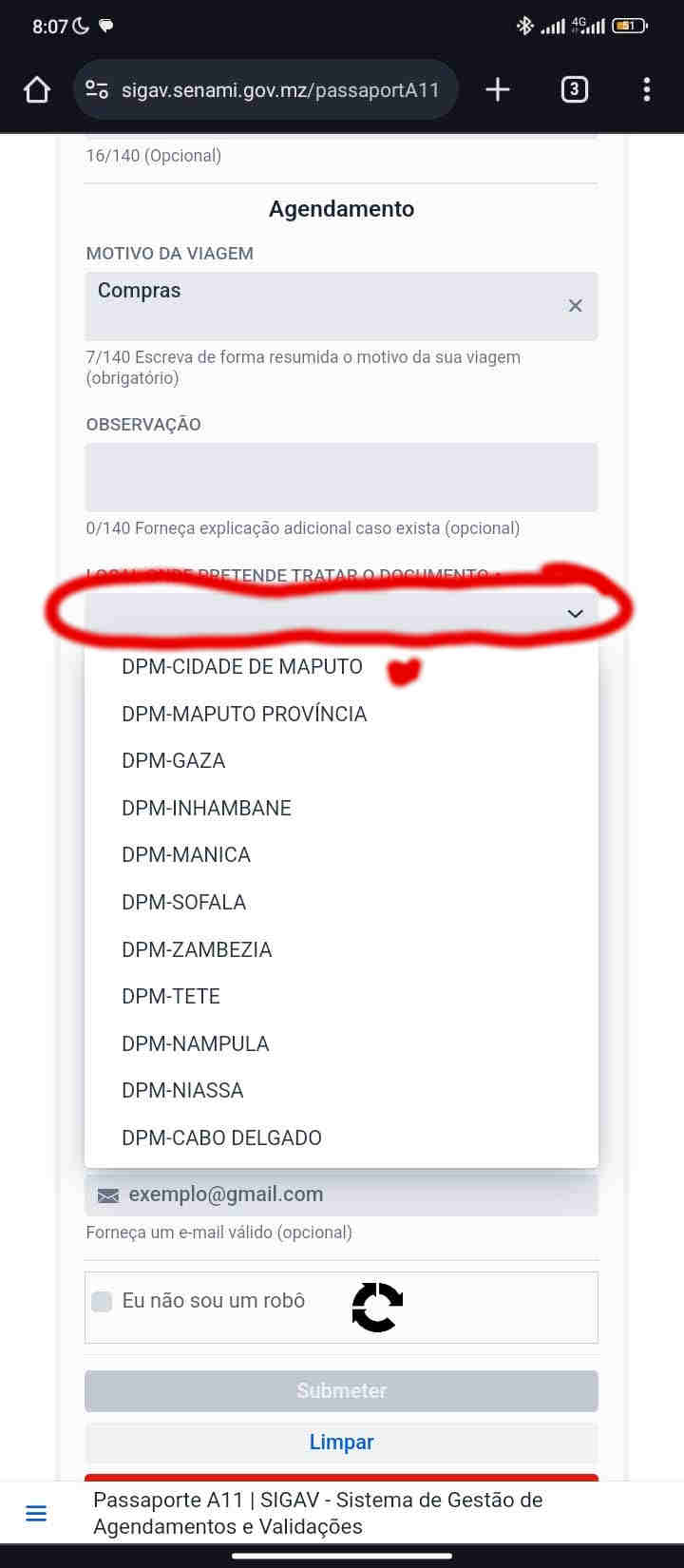 Selecciono a província onde pretendo tratar o passaporte.