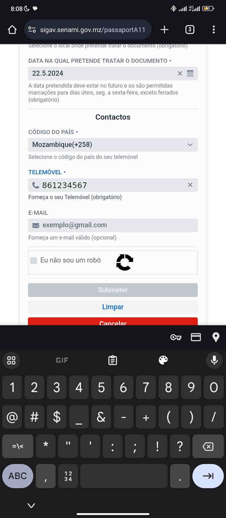 Nº de telefone para contacto.