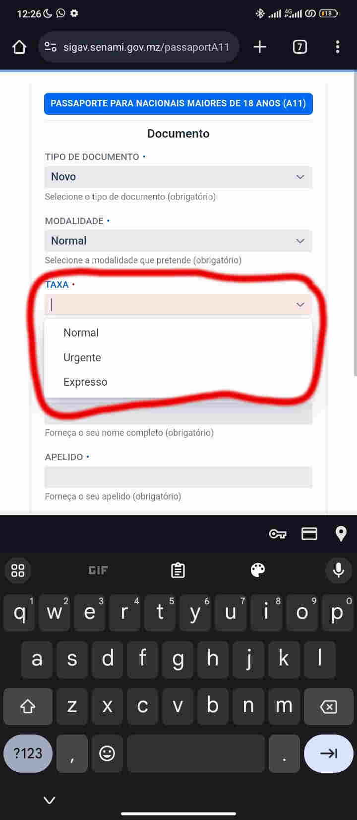 Diferentes taxas de emissão de passaporte: normal, urgento ou expresso..