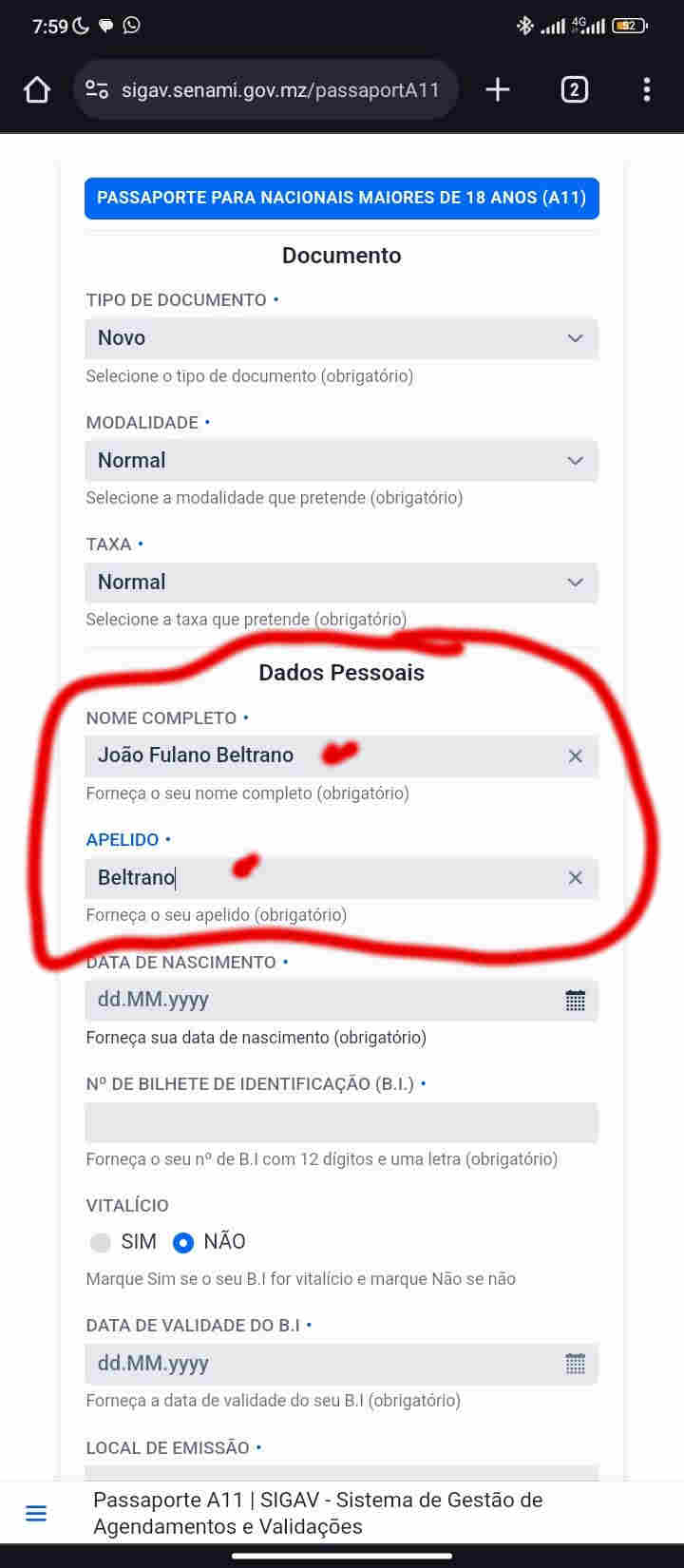 Campos de nome completo e apelido para o passaporte...