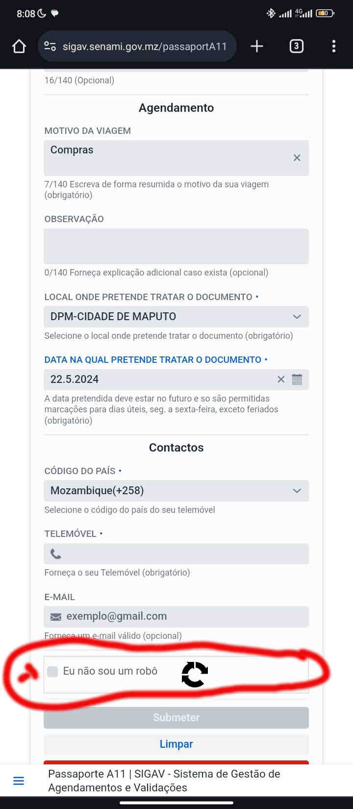 Nº de telefone para contacto.
