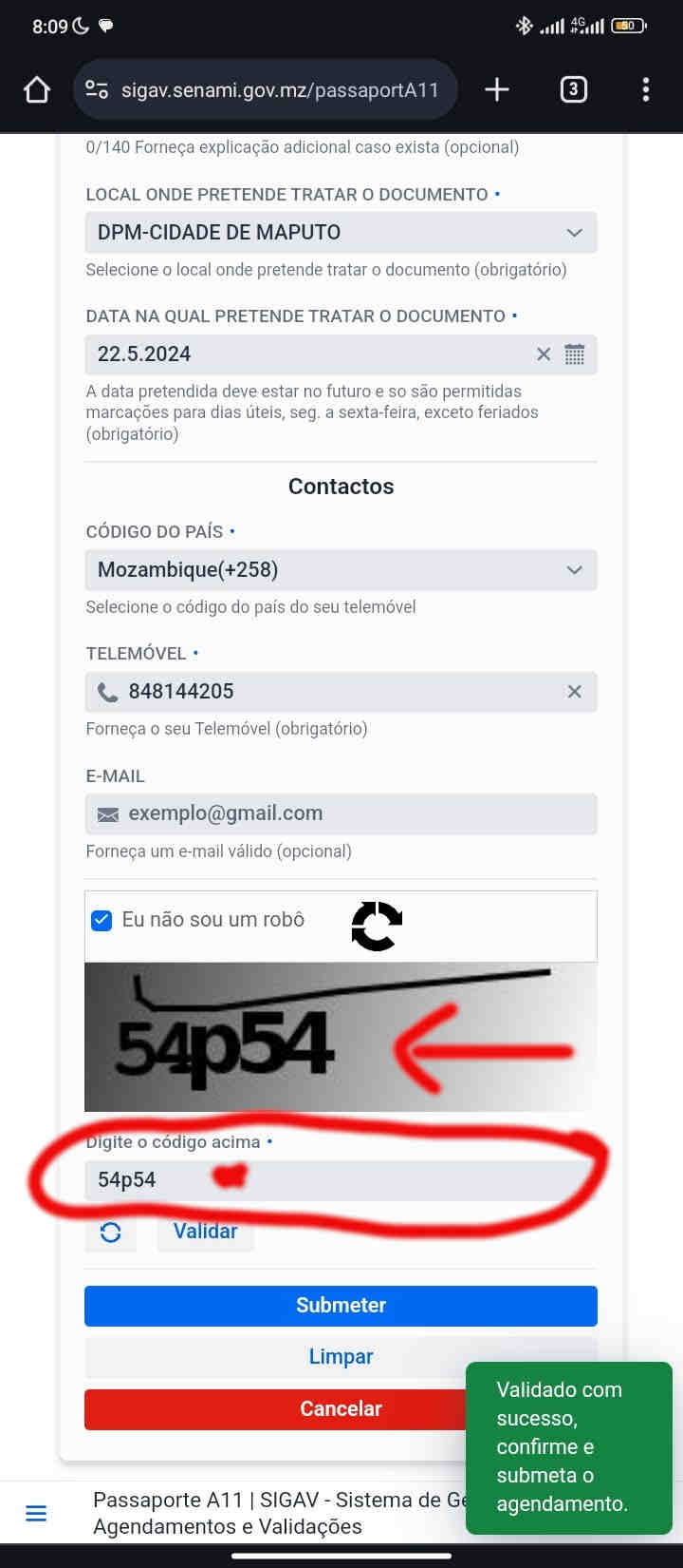 Nº de telefone para contacto.