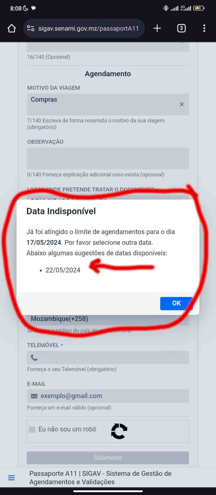 Indicar nova data para o agendamento.