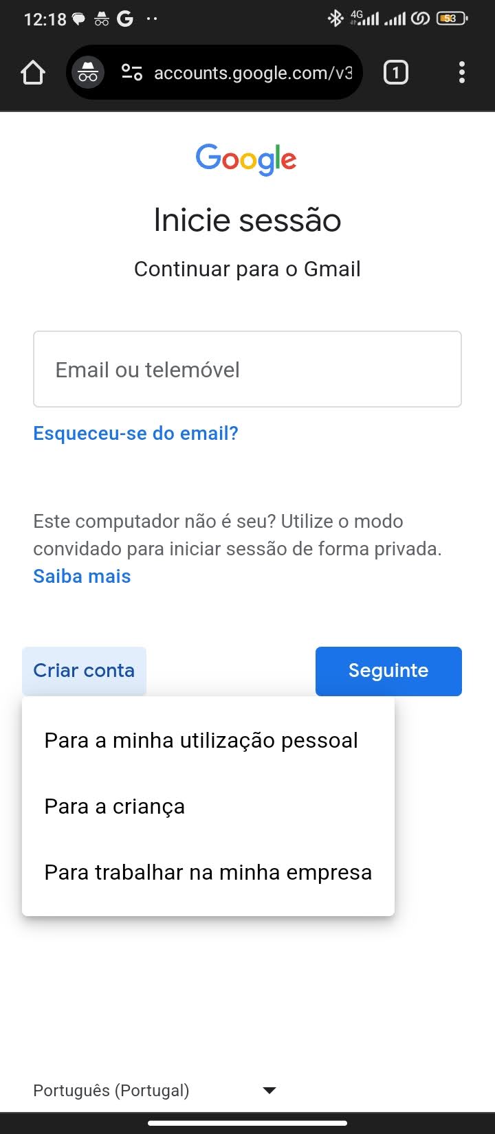 Na tela que se segue, clico no link criar conta