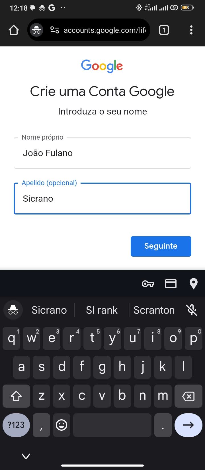 Na tela que se segue, clico no link criar conta