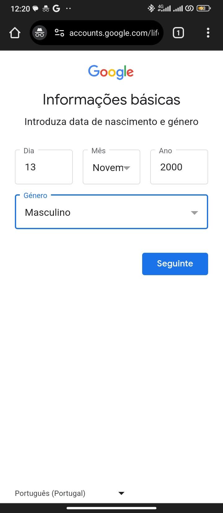 Na tela que se segue, indico a minha data de nascimento