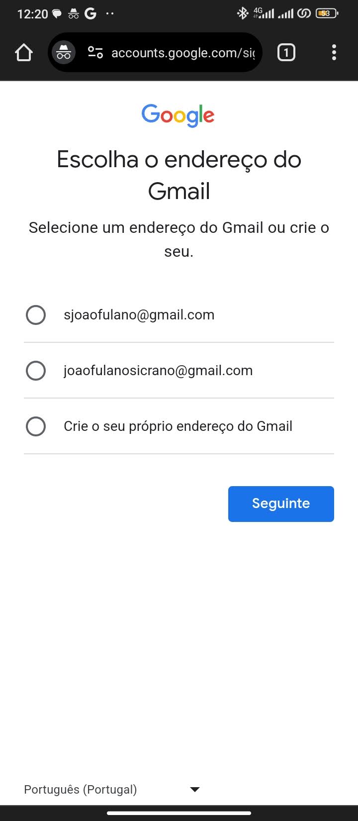 Opções de nomes de usuário