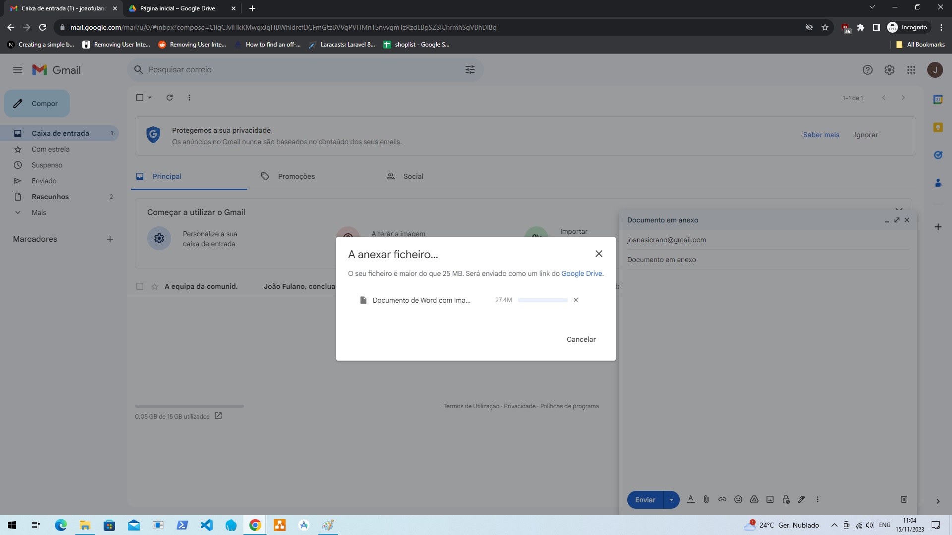 Documentos maior que 25 MB é o limite na maior parte de serviços de email.