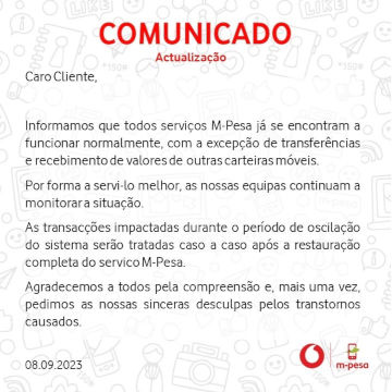 Comunicado do M-Pesa no Facebook
